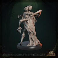 Rear view digital render of Morgause Lovefeaster miniature — unpainted grey resin at 35mm scale. The back of her elaborate braided bun hairstyle is visible, along with the tattered and fleshy texture of her robes, two clawed arms reaching outward to either side, and the plain round base.