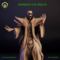 Digital render of Mormesk the Wraith miniature — an unpainted skeletal figure in flowing ceremonial robes adorned with geometric sigils, arms outstretched with bony fingers splayed wide and jaw open in a silent shriek, shown against a dark background