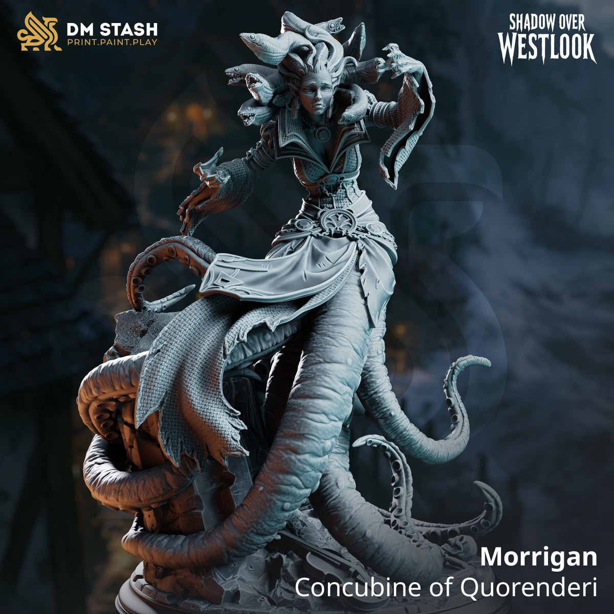 Female humanoid torso rising from a mass of coiling tentacles, robed in layered fabric with ornate belt, crown of open-mouthed eels framing a composed face. Sculpt by DM Stash.