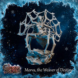 Unpainted grey resin miniature of Morva the Weaver of Destiny — a drider with a humanoid upper body, helmet, four outstretched arms, and a large ornate web fanning behind her, mounted on a rocky base with small spiders sculpted at her feet. Front-facing view.