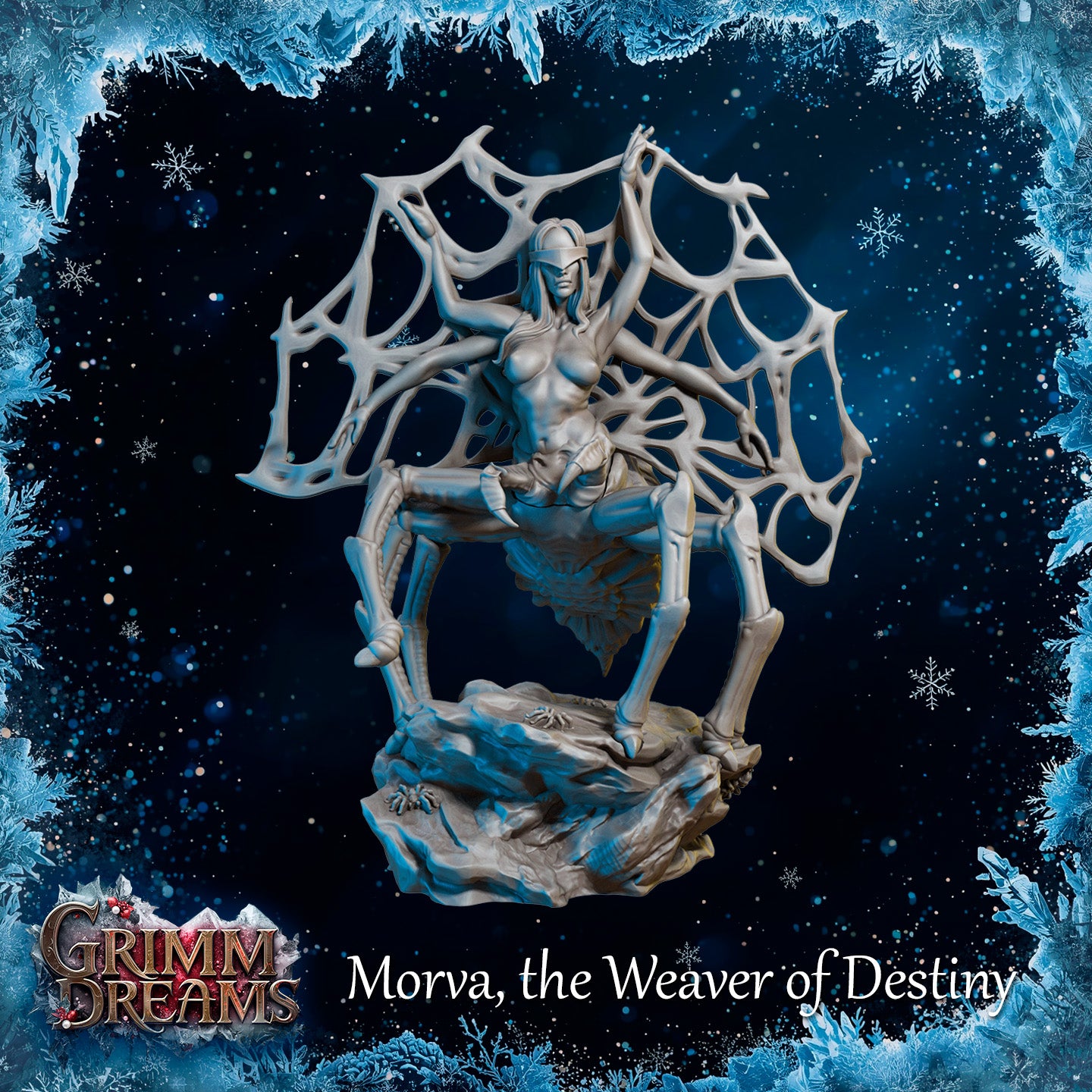 Unpainted grey resin miniature of Morva the Weaver of Destiny — a drider with a humanoid upper body, helmet, four outstretched arms, and a large ornate web fanning behind her, mounted on a rocky base with small spiders sculpted at her feet. Front-facing view.
