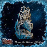 Unpainted grey resin miniature of Morva the Weaver of Destiny — rear three-quarter view showing the heavily textured spider abdomen, elongated arachnid legs, and the web canopy rising behind her against the dark Grimm Dreams promotional background.
