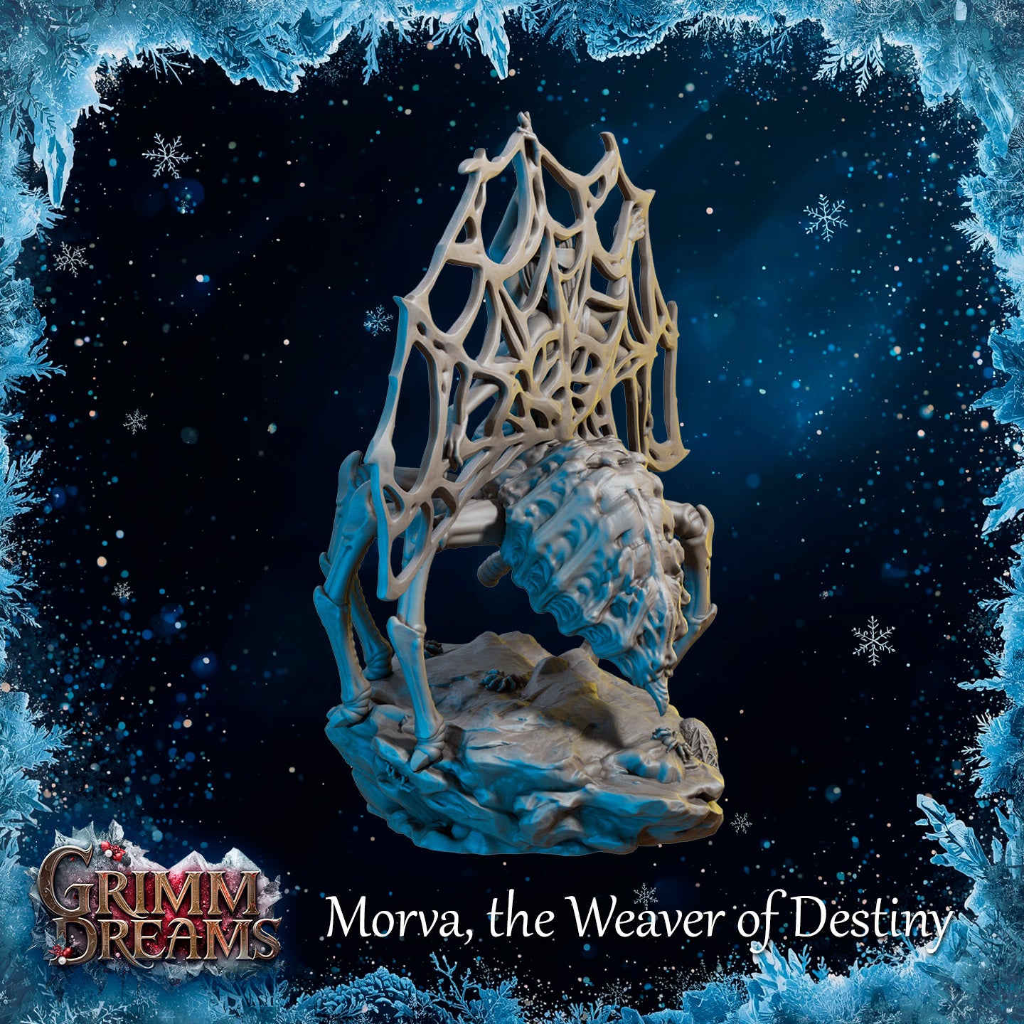 Unpainted grey resin miniature of Morva the Weaver of Destiny — rear three-quarter view showing the heavily textured spider abdomen, elongated arachnid legs, and the web canopy rising behind her against the dark Grimm Dreams promotional background.