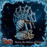 Unpainted grey resin miniature of Morva the Weaver of Destiny — side view emphasising the spider body with detailed abdominal texture, egg sacs on the rocky base, and the sweeping web structure overhead. Grimm Dreams branding visible in the lower left corner.