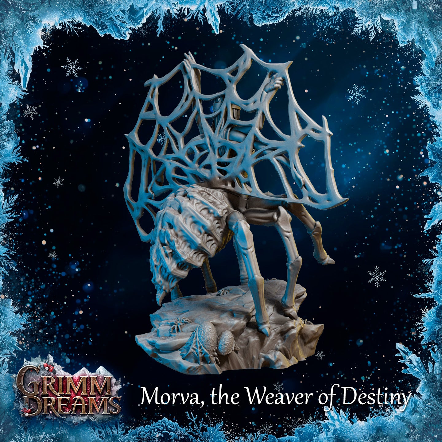 Unpainted grey resin miniature of Morva the Weaver of Destiny — side view emphasising the spider body with detailed abdominal texture, egg sacs on the rocky base, and the sweeping web structure overhead. Grimm Dreams branding visible in the lower left corner.