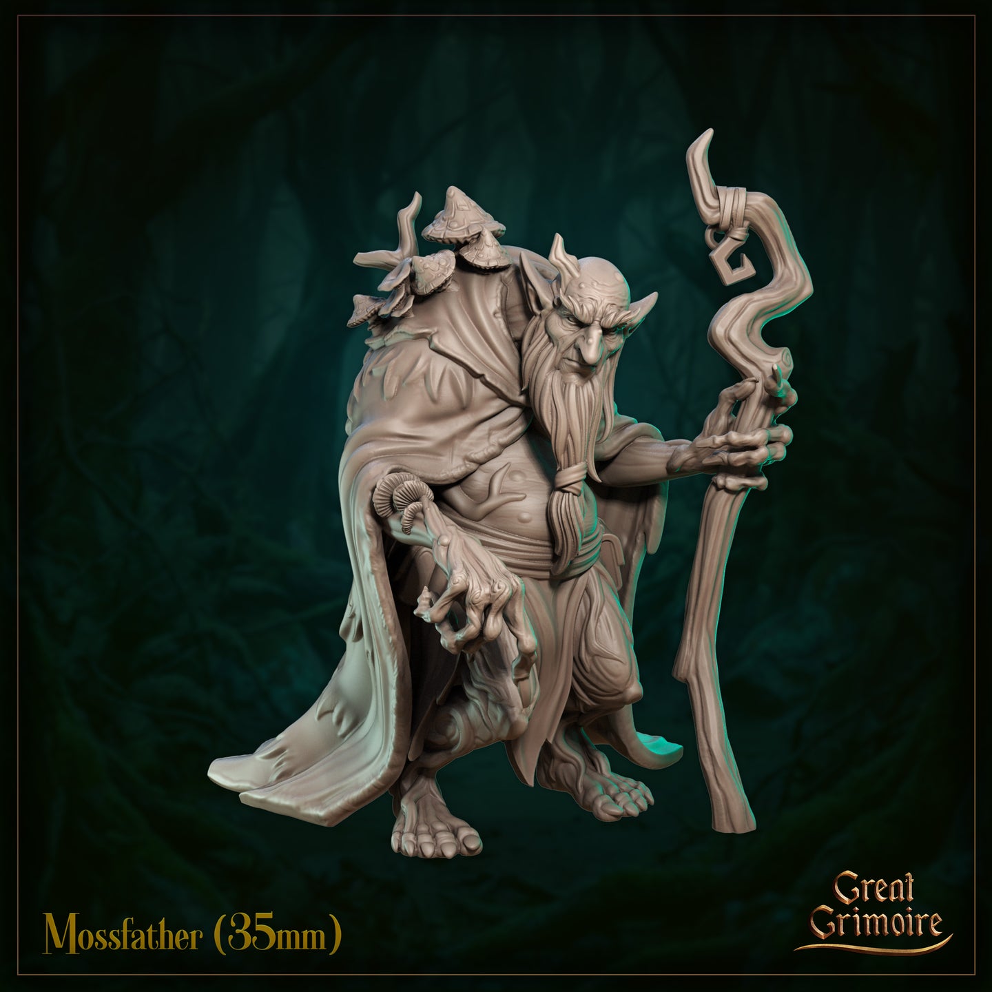 Front three-quarter view of the Mossfather miniature — an unpainted grey resin digital render of a hunched, ancient goblinoid elder in tattered layered robes. Wild mushrooms sprout from his shoulders, and he grips a tall gnarled wooden staff with an iron ring at the top. His bearded, pointed-eared face peers forward with shrewd menace. Set against a dark forest background.