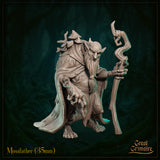Front three-quarter view of the Mossfather miniature — an unpainted grey resin digital render of a hunched, ancient goblinoid elder in tattered layered robes. Wild mushrooms sprout from his shoulders, and he grips a tall gnarled wooden staff with an iron ring at the top. His bearded, pointed-eared face peers forward with shrewd menace. Set against a dark forest background.
