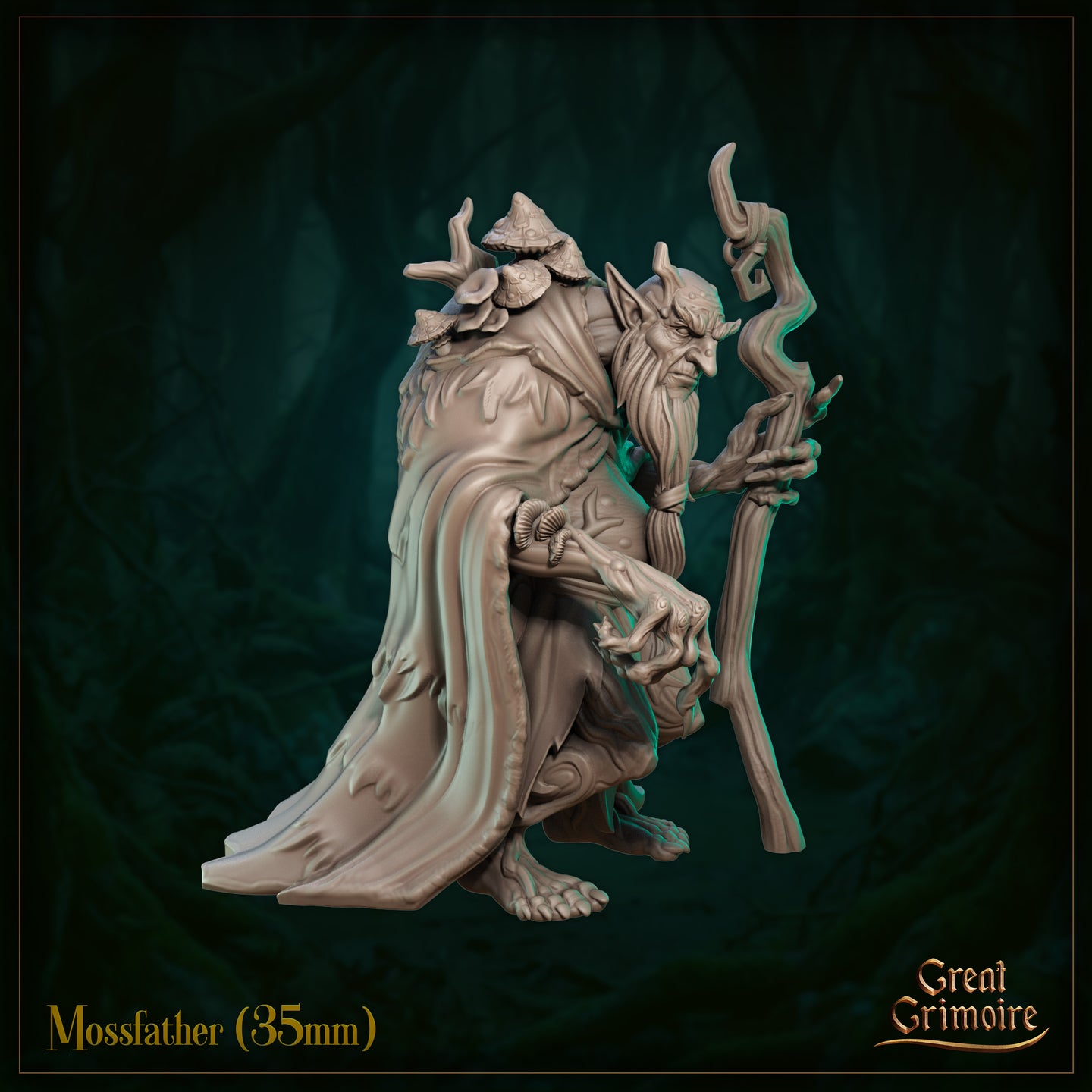 Side three-quarter view of the Mossfather miniature — an unpainted grey resin digital render showing the figure crouching low, staff raised in one hand. The wave-like bark-textured layers of his cloak and the mushroom clusters on his back are clearly visible. His expression is sharp and cunning. Dark forest background.