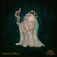 Rear view of the Mossfather miniature — an unpainted grey resin digital render showing the back of the figure's dramatic layered cloak, rendered with a distinctive bark-like wave pattern. Antler-like protrusions and mushroom caps rise from his hood. The curling top of his runic staff is visible raised above his right shoulder. Dark forest background.