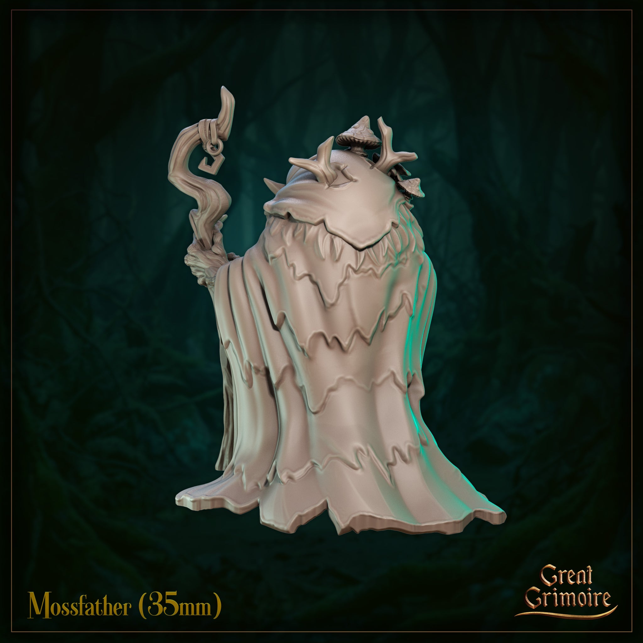 Rear view of the Mossfather miniature — an unpainted grey resin digital render showing the back of the figure's dramatic layered cloak, rendered with a distinctive bark-like wave pattern. Antler-like protrusions and mushroom caps rise from his hood. The curling top of his runic staff is visible raised above his right shoulder. Dark forest background.