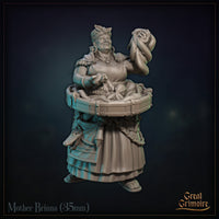 Stout woman in layered skirts holding a wooden tub of octopuses, raising one tentacled creature aloft in her right hand, wearing hoop earrings and a head wrap. Sculpt by Great Grimoire.