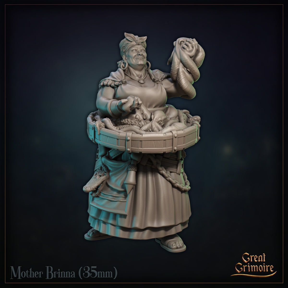 Stout woman in layered skirts holding a wooden tub of octopuses, raising one tentacled creature aloft in her right hand, wearing hoop earrings and a head wrap. Sculpt by Great Grimoire.