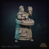 Rear view of the same figure showing a thick braid over her shawl, a full mane of hair, and the wooden tub of octopuses clutched across her back. Sculpt by Great Grimoire.