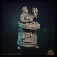Rear view of the same figure showing a thick braid over her shawl, a full mane of hair, and the wooden tub of octopuses clutched across her back. Sculpt by Great Grimoire.