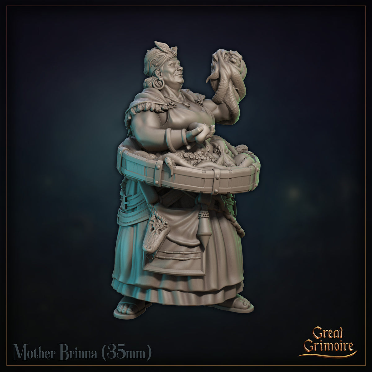 Rear view of the same figure showing a thick braid over her shawl, a full mane of hair, and the wooden tub of octopuses clutched across her back. Sculpt by Great Grimoire.