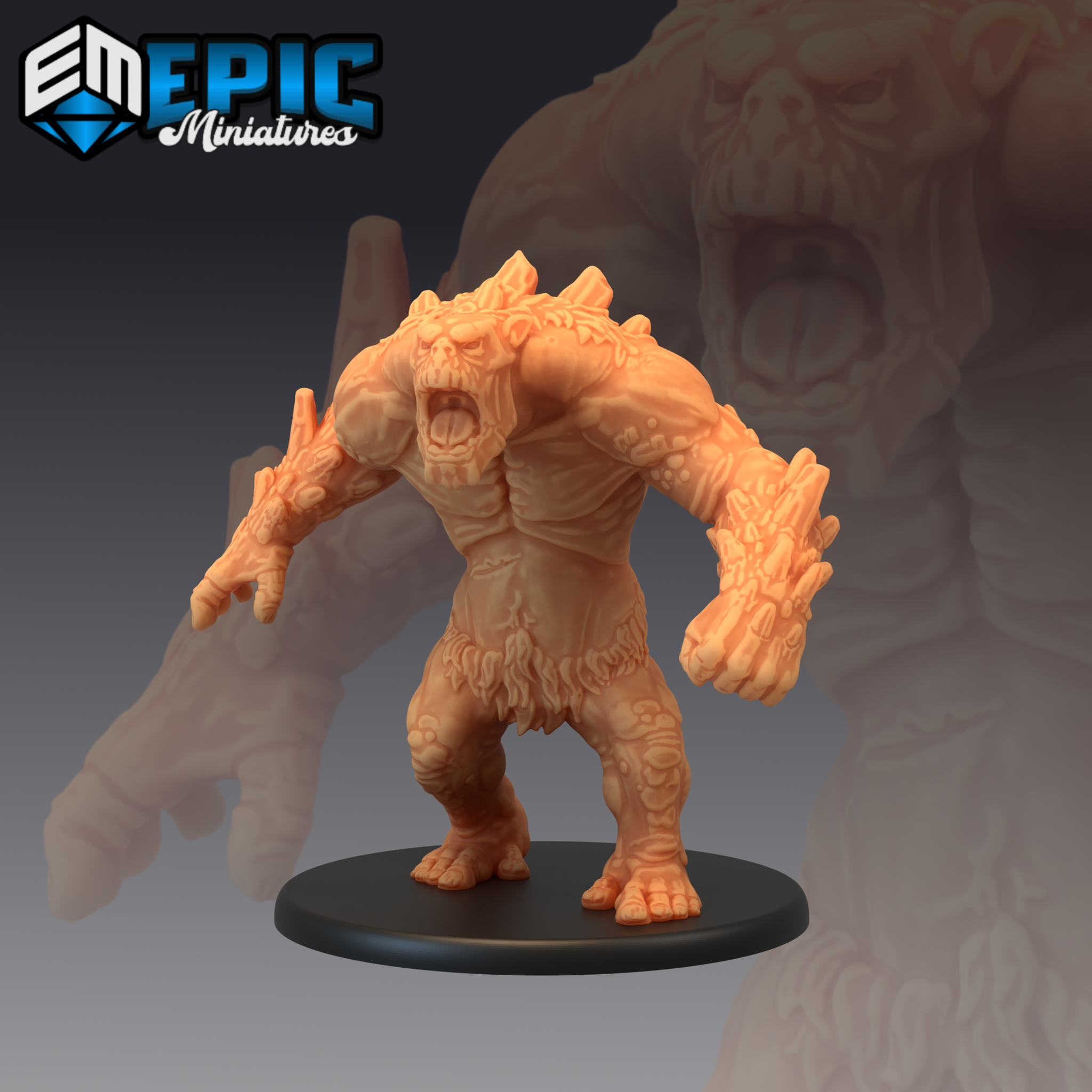 Savage troll sculpt roaring with mouth wide open, arms spread wide, crystalline growths erupting from shoulders and forearms, heavily textured warty hide. By Epic Miniatures.