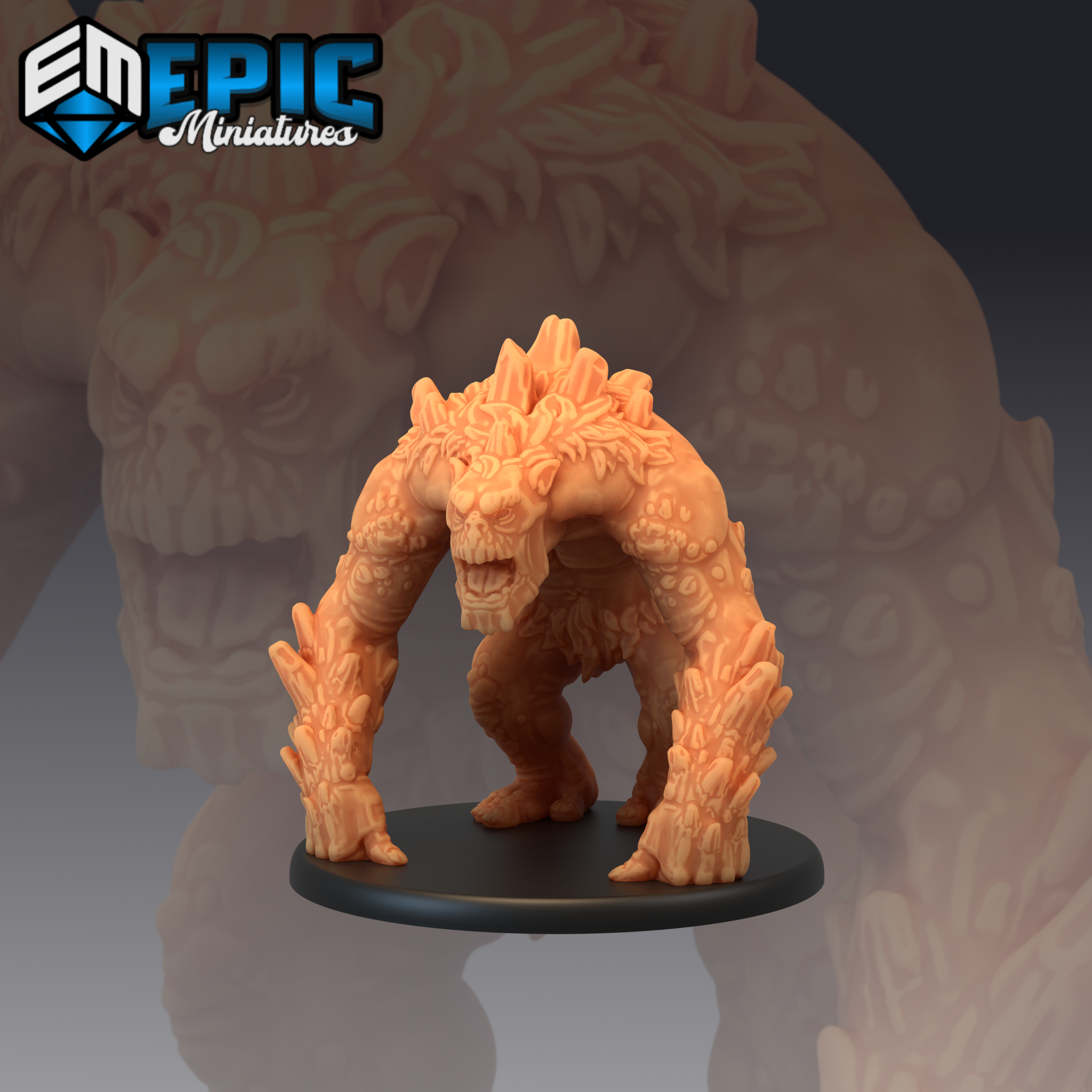 Hunched troll miniature with crystal formations erupting from its fists and skull, broad snarling jaw, warty hide, arms spread wide in a charging stance. Sculpt by Epic Miniatures.