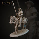 Front view of an unpainted grey resin digital render of a mounted conquistador miniature by Galaad Miniatures — a male soldier in half-plate armour and a wide-brimmed hat, seated on a horse with saddlebags, holding a long lance upright, on an oval base at 32mm scale