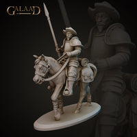 Front view of an unpainted grey resin digital render of a mounted conquistador miniature by Galaad Miniatures — a male soldier in half-plate armour and a wide-brimmed hat, seated on a horse with saddlebags, holding a long lance upright, on an oval base at 32mm scale