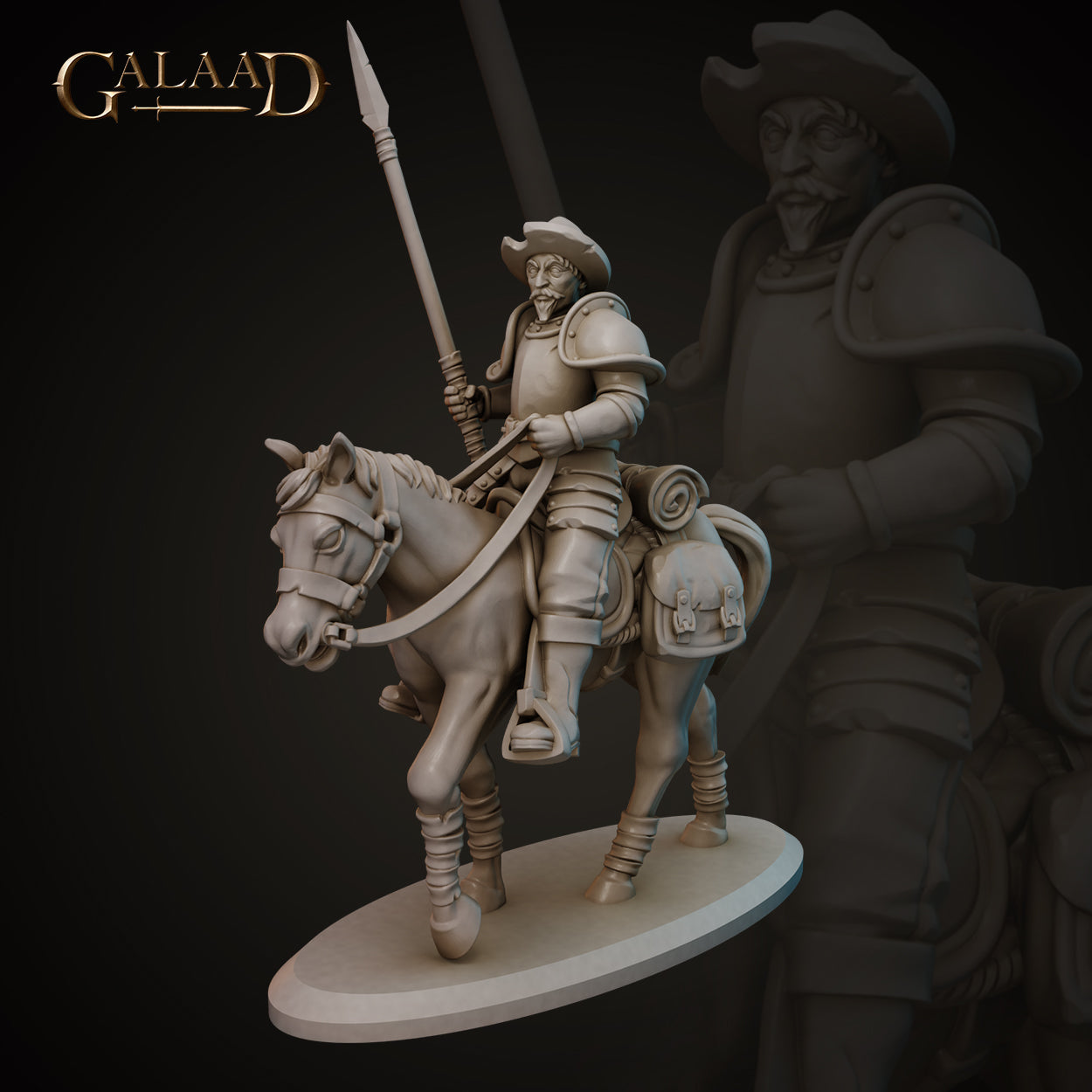 Front view of an unpainted grey resin digital render of a mounted conquistador miniature by Galaad Miniatures — a male soldier in half-plate armour and a wide-brimmed hat, seated on a horse with saddlebags, holding a long lance upright, on an oval base at 32mm scale
