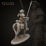 Rear three-quarter view of an unpainted grey resin digital render of the Galaad Miniatures mounted conquistador miniature — showing the rider's back armour, rolled blanket tied behind the saddle, saddlepacks, and the horse's hindquarters and leg wrappings, lance visible over the shoulder