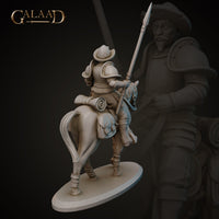 Rear three-quarter view of an unpainted grey resin digital render of the Galaad Miniatures mounted conquistador miniature — showing the rider's back armour, rolled blanket tied behind the saddle, saddlepacks, and the horse's hindquarters and leg wrappings, lance visible over the shoulder