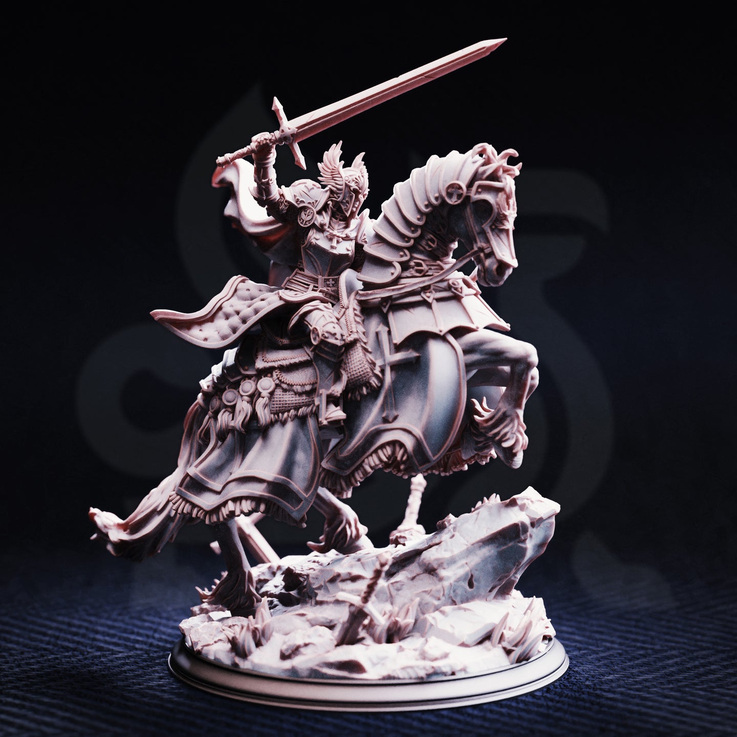 Front view photograph of unpainted Jeanne du Lac mounted paladin miniature — grey resin, armoured warhorse rearing on a battlefield rubble base, greatsword raised overhead, billowing cloak