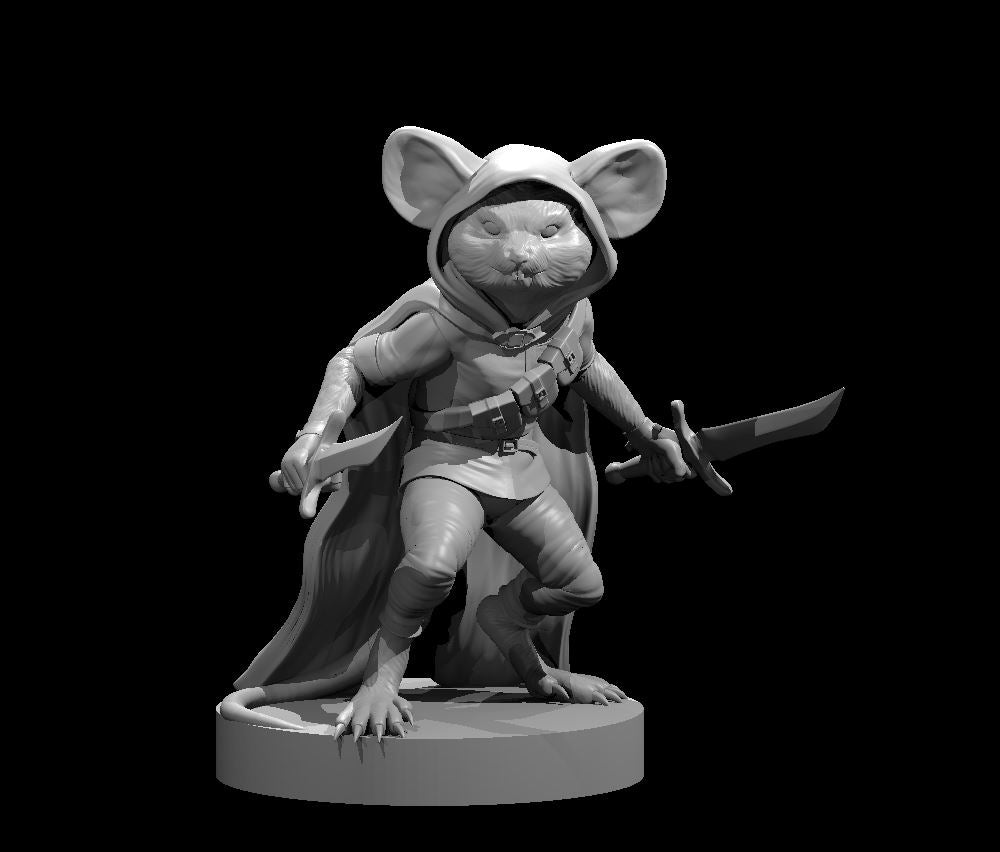 Mousefolk Rogue miniature by MZ4250 — hooded mouse-faced humanoid in a low crouch, dagger extended in the right hand, wearing a belted leather harness and flowing cloak, clawed feet bare on a plain round base.