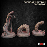 Digital render of the Multi Part Snow Serpent miniature set by M3DM, showing three unpainted cream-coloured resin pieces: a tall rearing serpent with open jaws and forked tongue, a mid-body arch segment cresting through broken ground, and a shorter raised-head piece, all on sculpted oval bases with ice debris detail