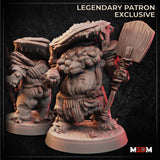 Digital render of the Myconid Chef miniature from M3DM, showing two views of a stocky fungal humanoid wearing a wide dripping mushroom-cap hat, with knotted wooden paddle in hand, textured robes, and clustered mushroom growths across the torso — labelled Legendary Patron Exclusive