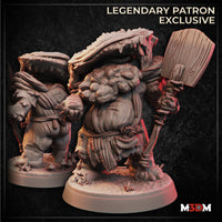 Digital render of the Myconid Chef miniature from M3DM, showing two views of a stocky fungal humanoid wearing a wide dripping mushroom-cap hat, with knotted wooden paddle in hand, textured robes, and clustered mushroom growths across the torso — labelled Legendary Patron Exclusive
