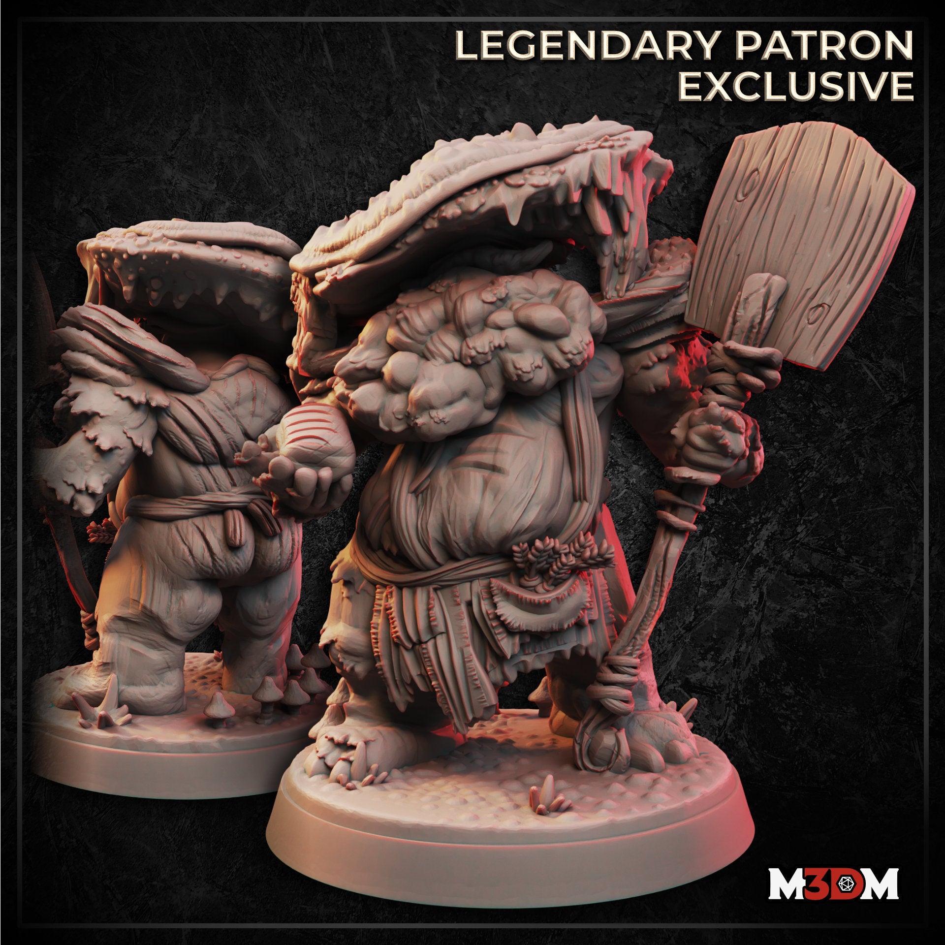 Digital render of the Myconid Chef miniature from M3DM, showing two views of a stocky fungal humanoid wearing a wide dripping mushroom-cap hat, with knotted wooden paddle in hand, textured robes, and clustered mushroom growths across the torso — labelled Legendary Patron Exclusive