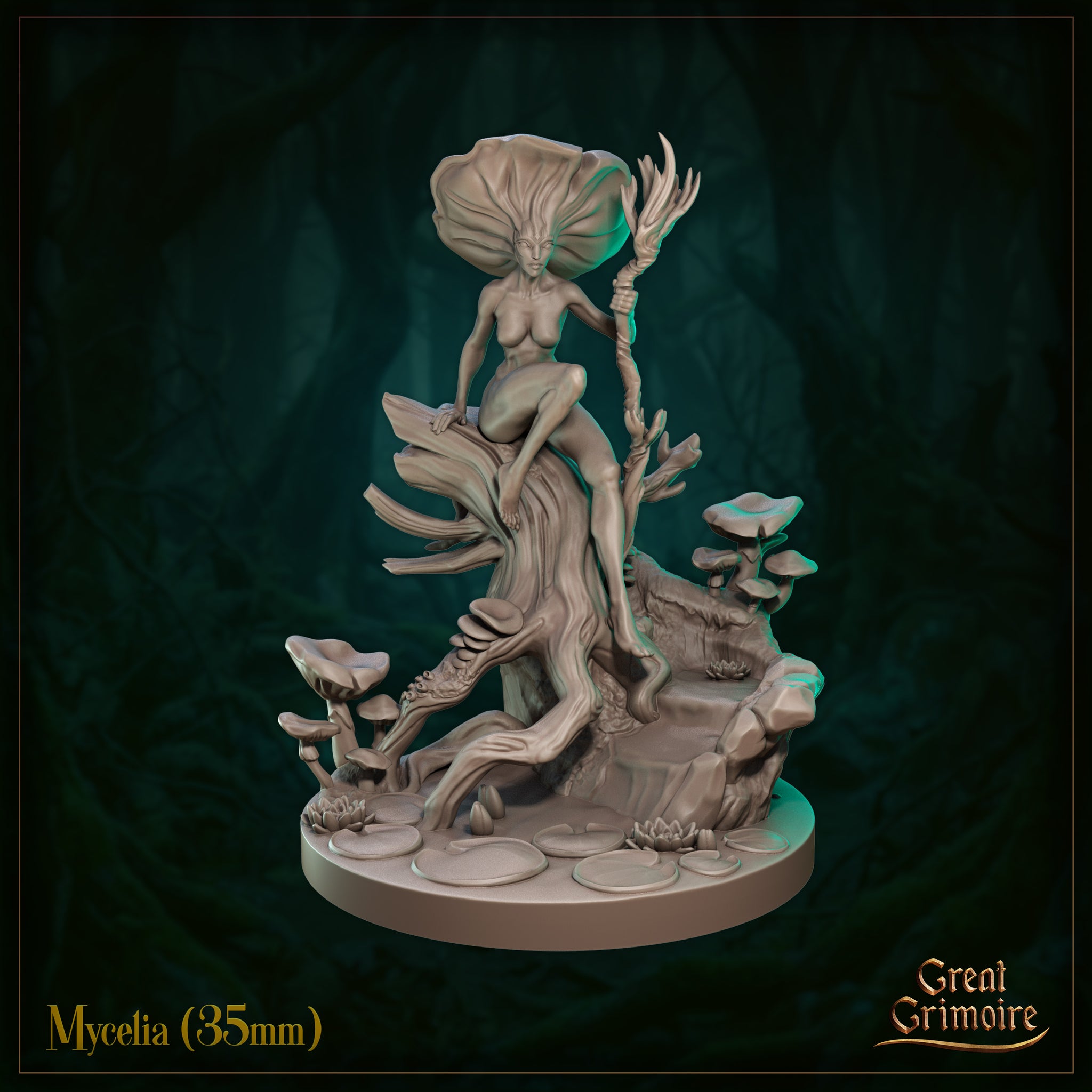 Front view of Mycelia 35mm resin miniature by Great Grimoire — an unpainted fungal fey figure with a broad mushroom cap head, seated on a gnarled tree stump and holding a twisted branch staff, surrounded by mushroom clusters and lily pads on a detailed scenic base
