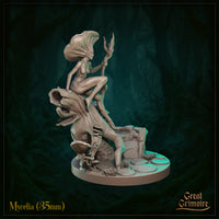 Side view of Mycelia 35mm resin miniature by Great Grimoire — showing the figure's profile with mushroom-cap crown, staff held forward, one leg raised on the stump, with bark texture and smaller mushrooms visible around the base