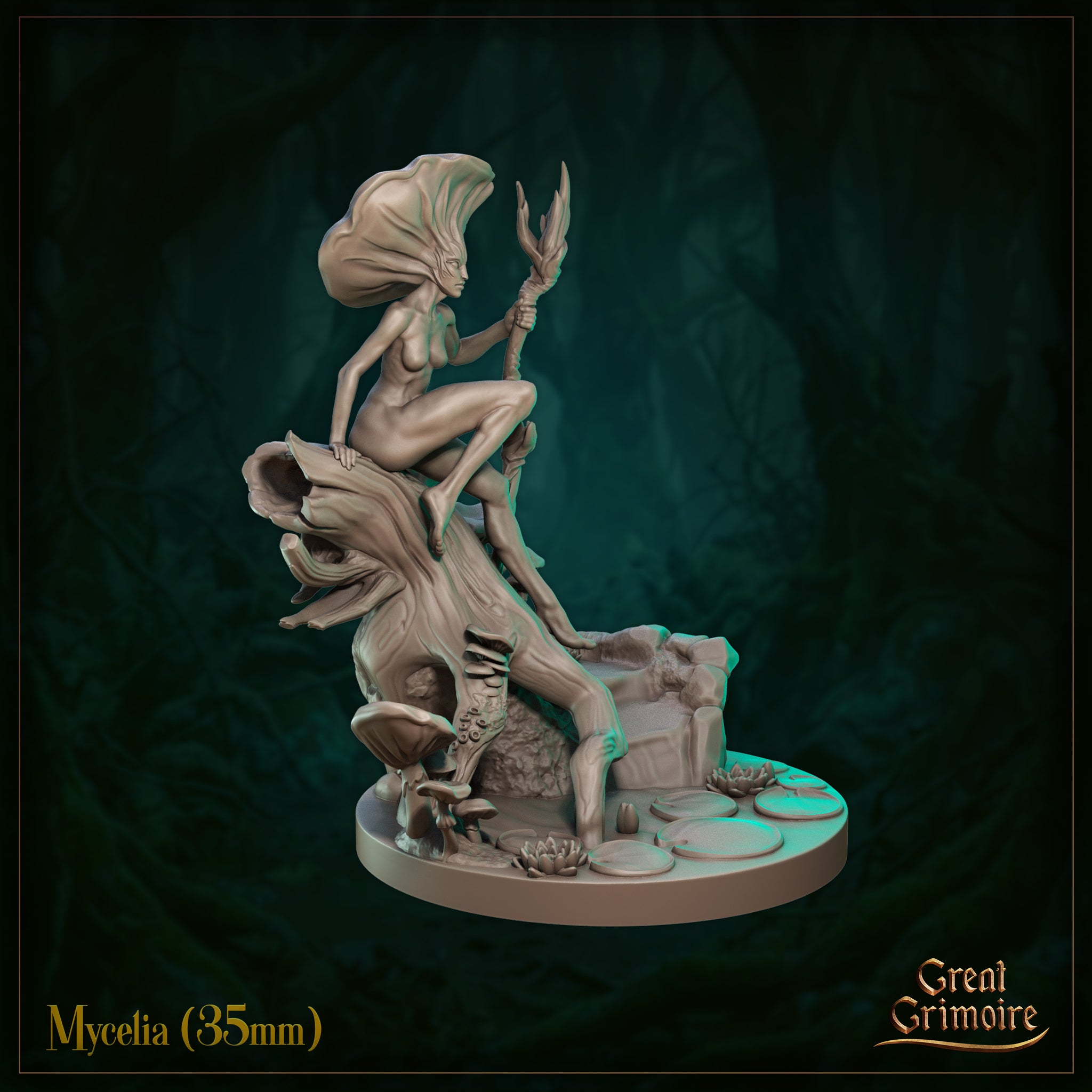 Side view of Mycelia 35mm resin miniature by Great Grimoire — showing the figure's profile with mushroom-cap crown, staff held forward, one leg raised on the stump, with bark texture and smaller mushrooms visible around the base