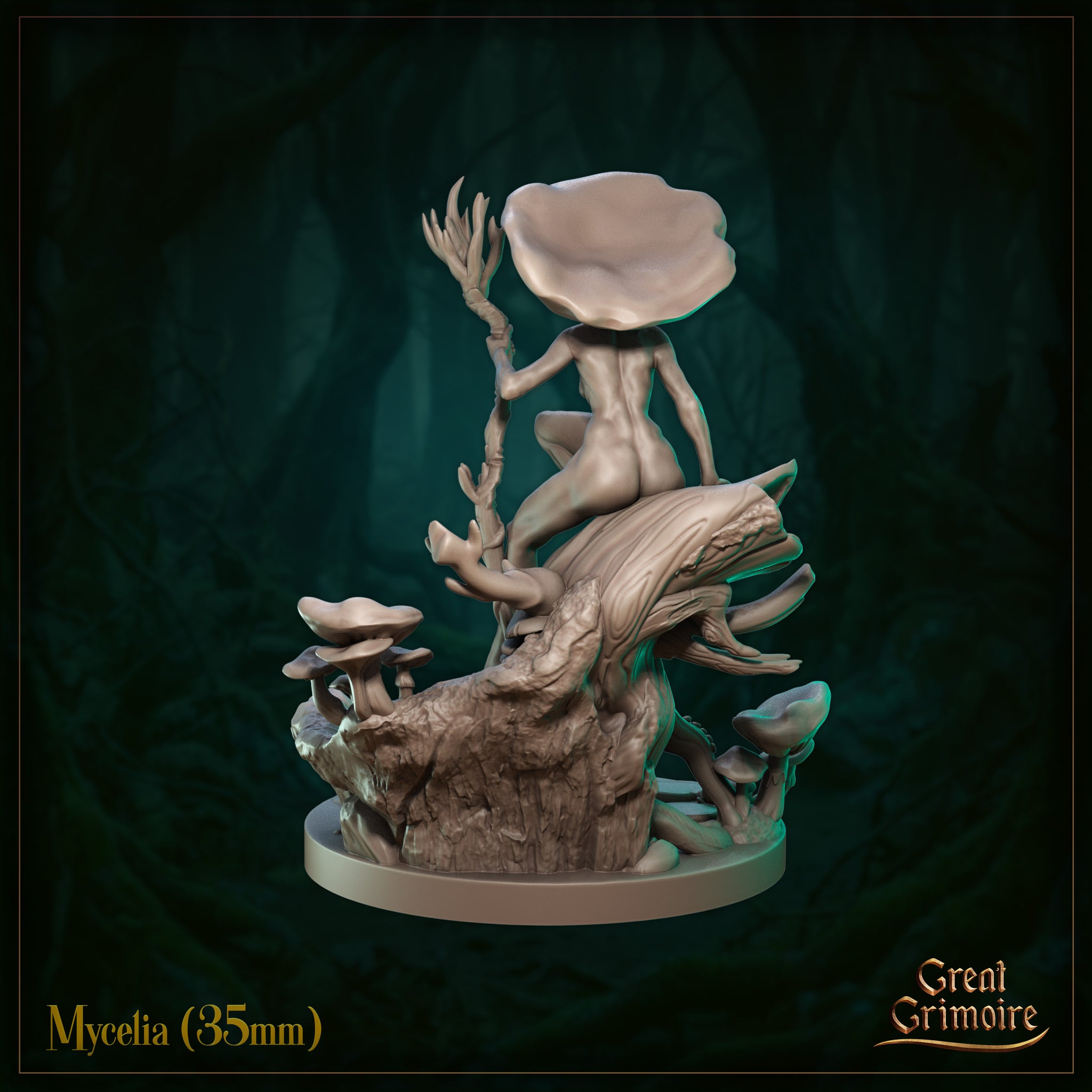 Rear view of Mycelia 35mm resin miniature by Great Grimoire — revealing the flat underside of the large mushroom cap canopy, the heavily textured tree stump base with split bark, and clusters of varied mushrooms and scatter terrain surrounding the roots