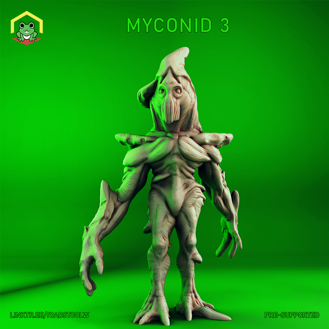 Digital render of the Myconid 3 miniature by The Toadstool Weaver — an unpainted grey resin-style fungal creature with a tall swept-back ridged cap, gaunt ribbed torso, and four splayed multi-jointed arms with trailing membrane-like growths, shown in a confrontational upright pose against a green background