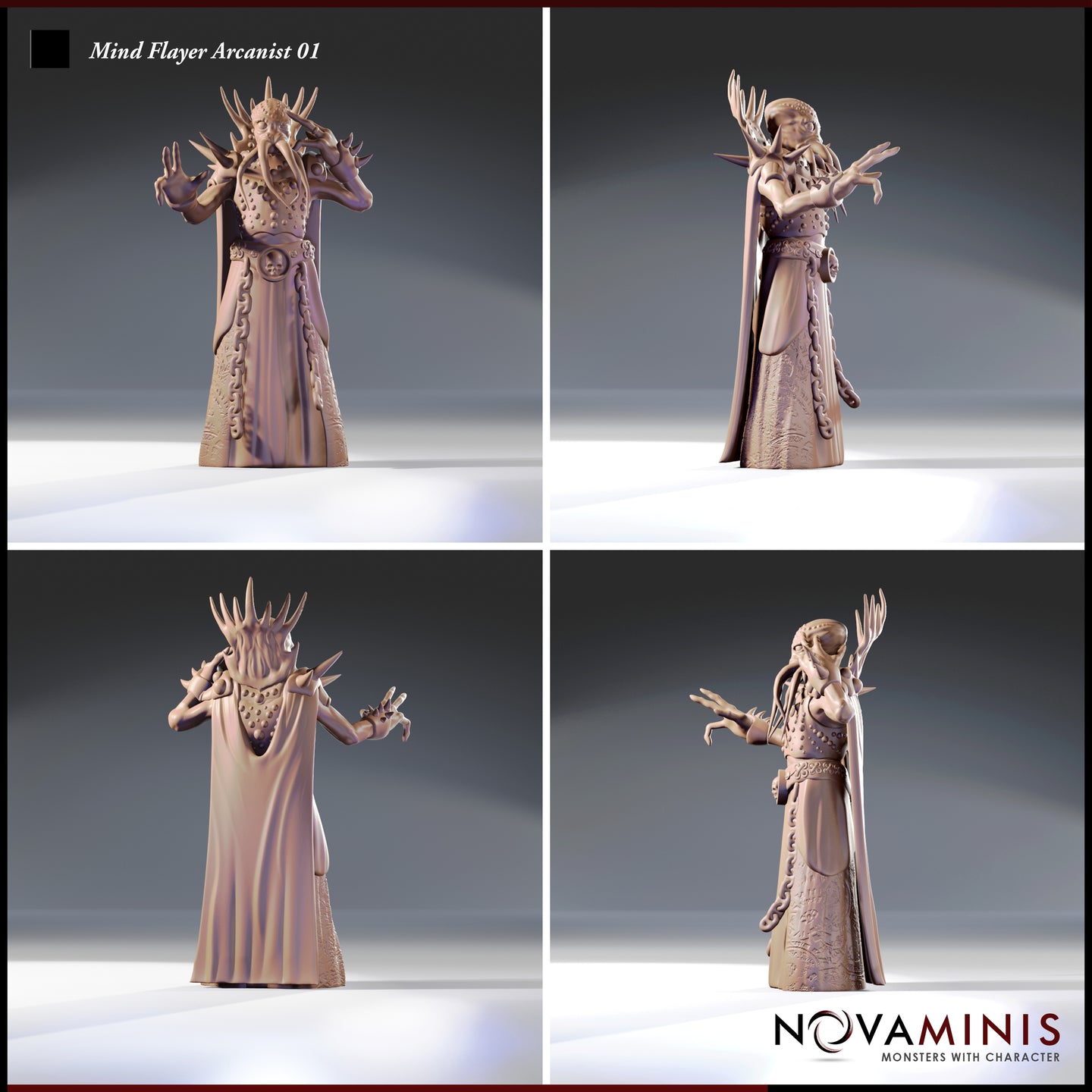 Four-angle render of Mind Flayer Arcanist Variation 01 — showing front, back, and side views of the spiked illithid arcanist with engraved script-covered robes, bone-spur shoulder armour, and outstretched clawed hands mid-incantation