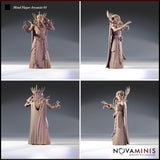 Four-angle render of Mind Flayer Arcanist Variation 01 — showing front, back, and side views of the spiked illithid arcanist with engraved script-covered robes, bone-spur shoulder armour, and outstretched clawed hands mid-incantation