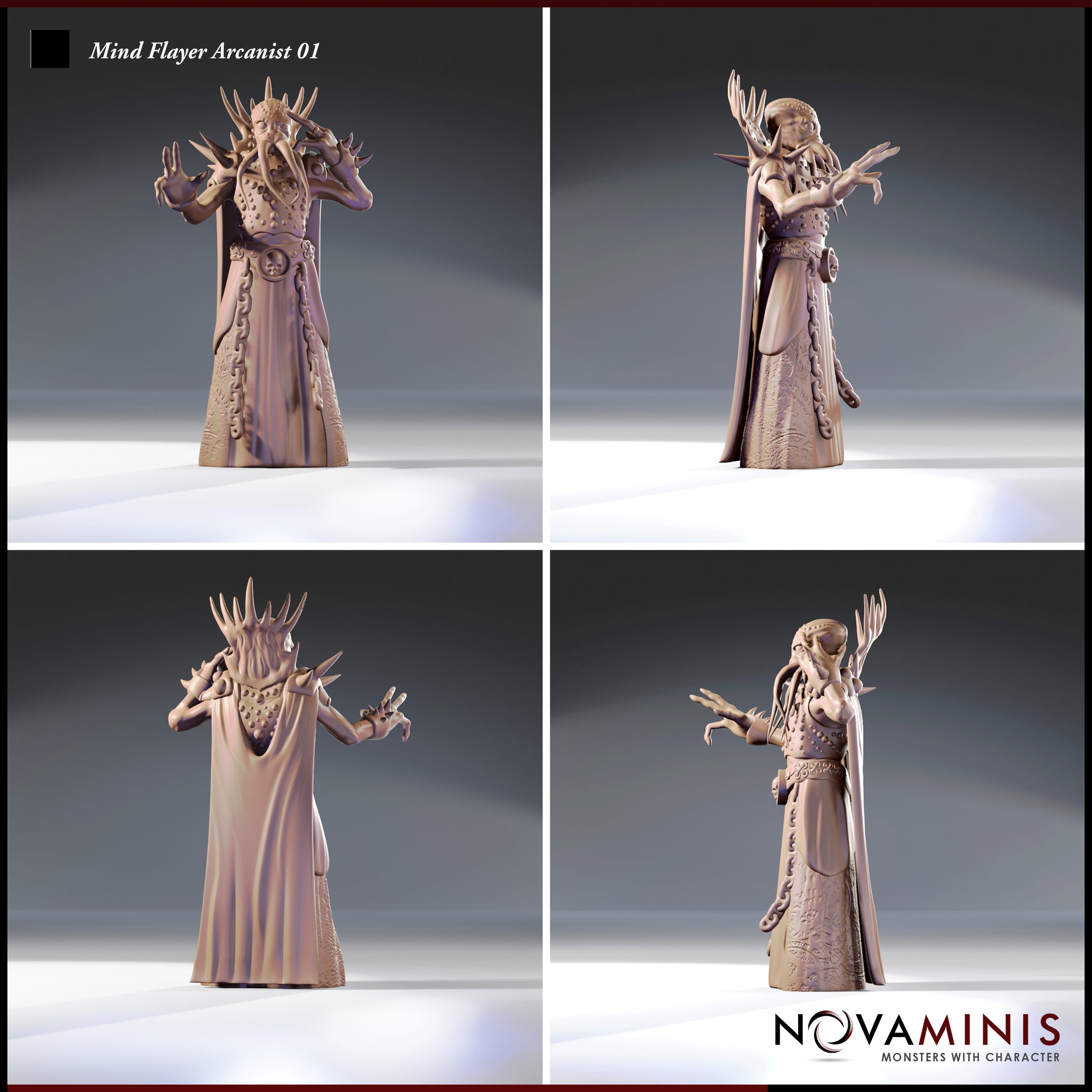 Four-angle render of Mind Flayer Arcanist Variation 01 — showing front, back, and side views of the spiked illithid arcanist with engraved script-covered robes, bone-spur shoulder armour, and outstretched clawed hands mid-incantation