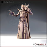 32mm resin miniature render of Mind Flayer Arcanist Variation 01 — illithid spellcaster in spiked studded robe with skull belt buckle and hanging chains, one clawed hand raised in an arcane gesture, facial tentacles curling outward, viewed from the front