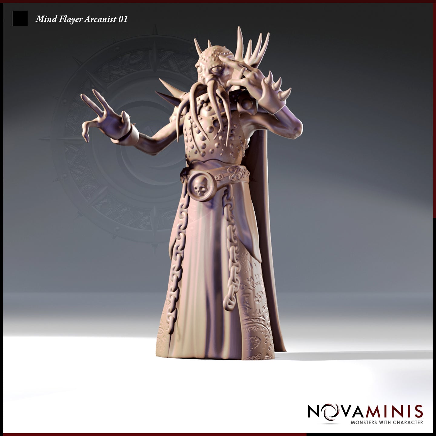 32mm resin miniature of a Mind Flayer Arcanist — front view of an unpainted grey render showing a robed illithid with arms raised in a dual-casting pose, tentacled face framed by bone spines, skull-medallion belt with chains, and rune-etched robes