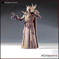 32mm resin miniature of a Mind Flayer Arcanist — front view of an unpainted grey render showing a robed illithid with arms raised in a dual-casting pose, tentacled face framed by bone spines, skull-medallion belt with chains, and rune-etched robes