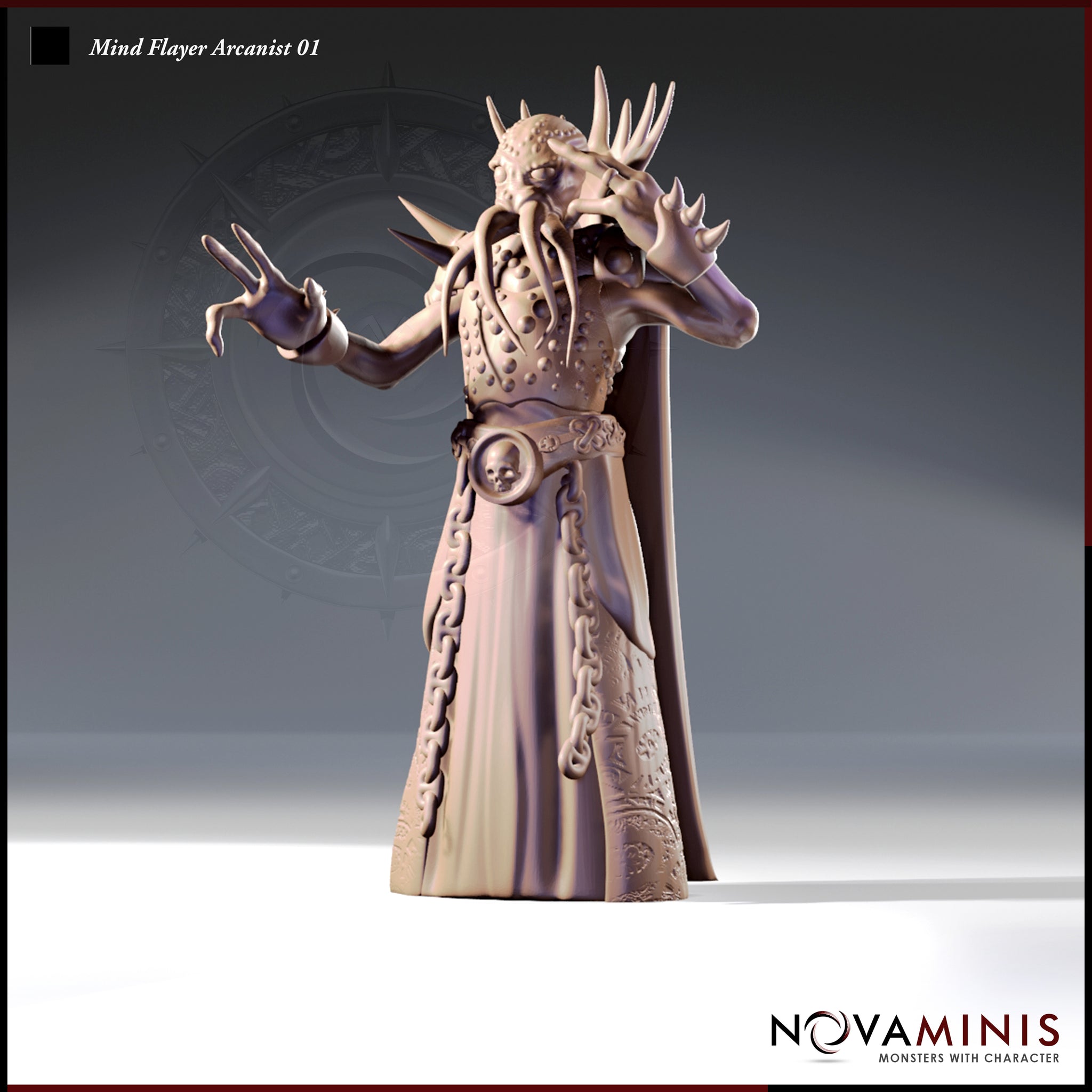 32mm resin miniature of a Mind Flayer Arcanist — front view of an unpainted grey render showing a robed illithid with arms raised in a dual-casting pose, tentacled face framed by bone spines, skull-medallion belt with chains, and rune-etched robes