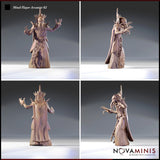 Four-angle digital render sheet of the Mind Flayer Arcanist 02 by Novaminis showing front, left side, back, and right side views — revealing the full spinal crown, trailing chain detail across the embossed robes, spiked pauldrons and bracers, and the flowing cape behind the figure. Unpainted grey resin render.