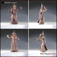 Four-angle digital render sheet of the Mind Flayer Arcanist 02 by Novaminis showing front, left side, back, and right side views — revealing the full spinal crown, trailing chain detail across the embossed robes, spiked pauldrons and bracers, and the flowing cape behind the figure. Unpainted grey resin render.