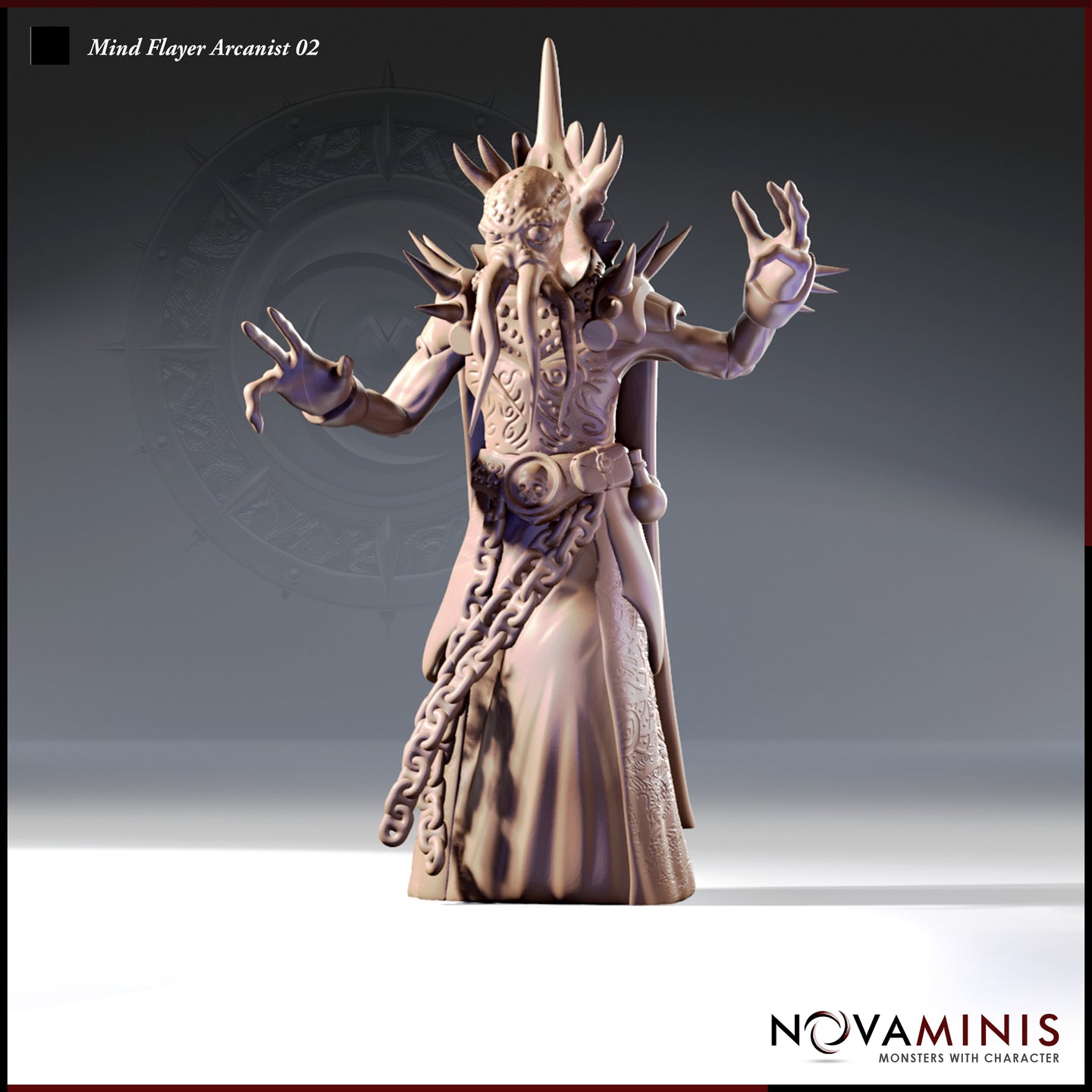 Front-facing digital render of the Mind Flayer Arcanist 02 miniature by Novaminis — an illithid in ornate spiked armour and embossed robes, both arms raised wide with fingers splayed mid-incantation, a heavy chain trailing from the belt, and a crown of bone spines rising above the tentacled face. Unpainted grey resin render at 32mm scale.