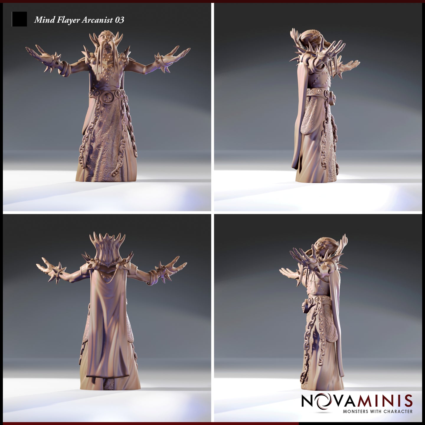 Four-angle turnaround render of the Mind Flayer Arcanist 03 by Novaminis — unpainted grey resin showing front, back, and both side profiles. Visible details include etched robe textures with arcane script, hanging chain links, spiked forearm gauntlets, and the full tentacle crown from every angle.