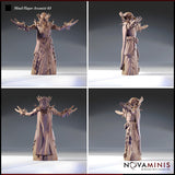 Four-angle turnaround render of the Mind Flayer Arcanist 03 by Novaminis — unpainted grey resin showing front, back, and both side profiles. Visible details include etched robe textures with arcane script, hanging chain links, spiked forearm gauntlets, and the full tentacle crown from every angle.