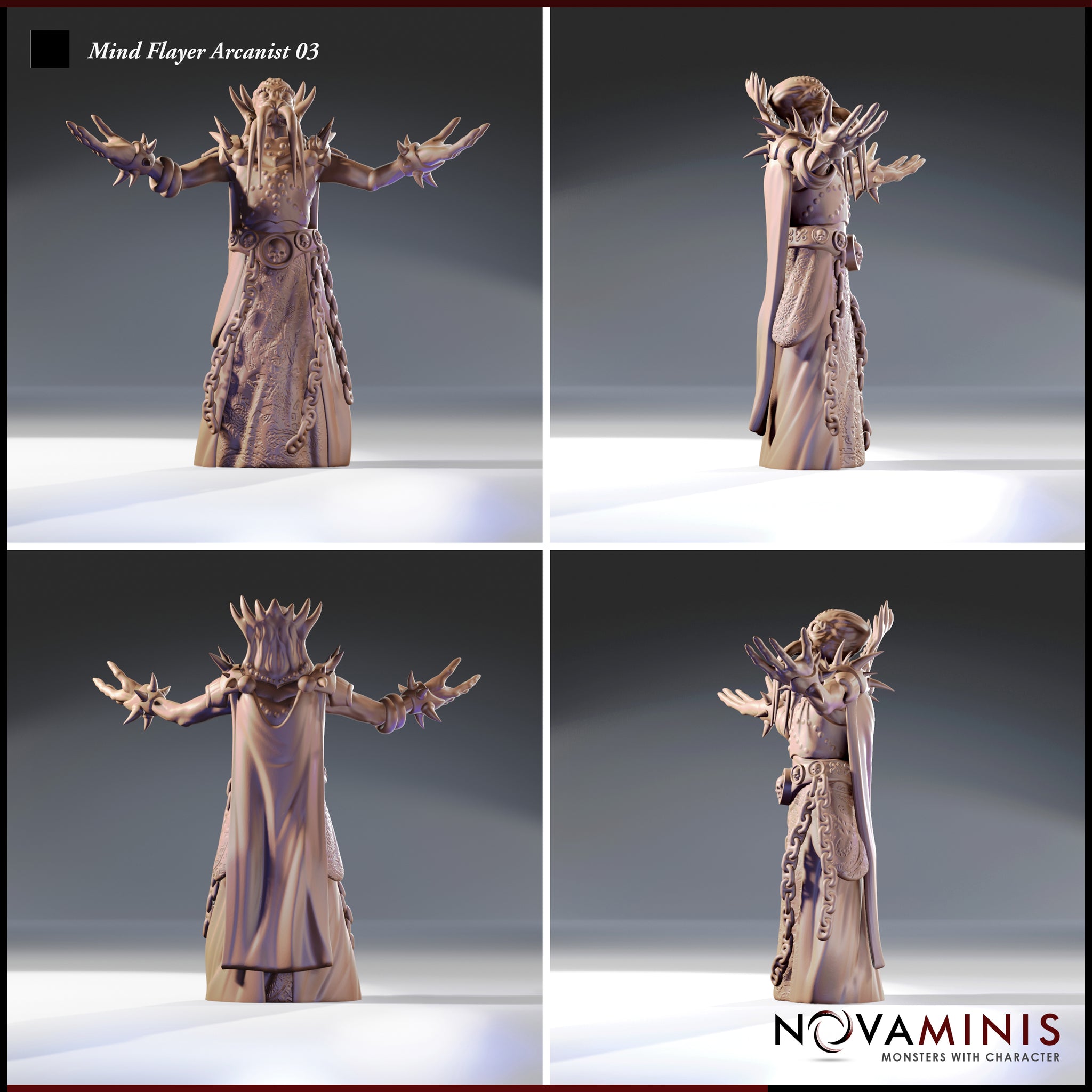Four-angle turnaround render of the Mind Flayer Arcanist 03 by Novaminis — unpainted grey resin showing front, back, and both side profiles. Visible details include etched robe textures with arcane script, hanging chain links, spiked forearm gauntlets, and the full tentacle crown from every angle.
